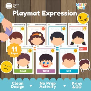 May include: A digital file set titled Playmat Expression featuring 11 pages of printable activity sheets. Each sheet displays a cartoon face with a specific emotion, including Angry, Shock, Worried, Silly, Tired, and Shy, with text labels.
