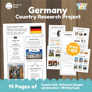May include: A collection of printable educational pages about Germany, featuring the country's flag, map, and information on its capital, population, language, and currency. Includes pages on geography, culture, sports, and landmarks. The text reads "Germany Country Research Project."