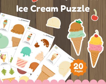 Ice Cream Puzzle Printable, Preschool Matching Activity, Toddler Cut and Paste Worksheet, Fine Motor Skills Activity, Homeschool Printable