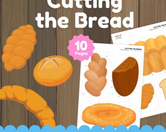Attività di taglio del pane / Schede di esercizi per tagliare il pane con le forbici (stampabili) / Attività di motricità fine per la scuola materna / Gioco di ruolo a tema panetteria