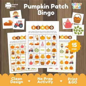 Peut inclure: Un jeu de bingo numérique Pumpkin Patch comprenant trois cartes imprimables avec une grille 5x5 d'illustrations sur le thème de l'automne comme des citrouilles, des tracteurs et des feuilles. Le texte Pumpkin Patch Bingo est présent.