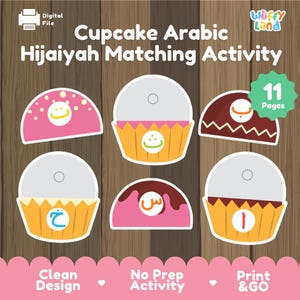 May include: A digital file for a Cupcake Arabic Hijaiyah Matching Activity by Wuffy Land. The set includes 11 pages of printable cupcake-themed cards featuring various Arabic letters on colourful frosting and yellow cupcake liners.