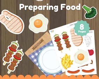 May include: A digital file set titled Preparing Food featuring illustrations of a shrimp, salmon fillet, fried egg, broccoli, and meat skewers. Includes printable activity sheets with 8 pages showing food items like fries, sausages, and vegetables.