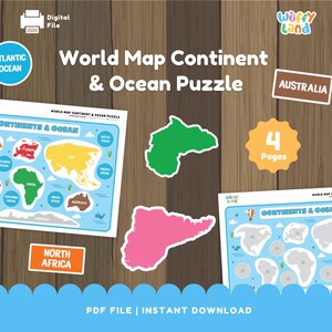 Weltkarte Puzzle für Kinder - Kontinente und Ozeane Druckbare Aktivität - Geographie Lernspiel