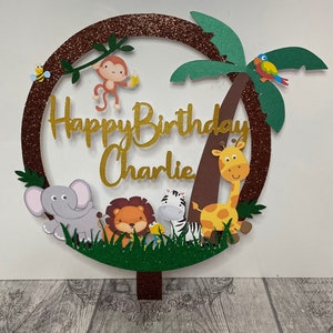 Decoración para tarta personalizada con tema de la selva, león, cebra, serpiente, jirafa, mono, elefante