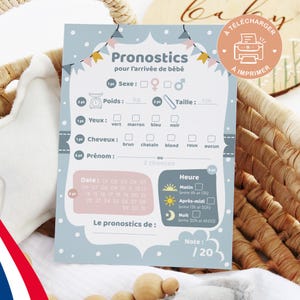 Carte de prédiction naissance | Pronostics pour futur bébé, fête prénatale | Carte pour baby shower - gender reveal à imprimer soi-même