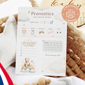 Carte de prédiction naissance | Pronostics pour futur bébé, fête prénatale | Carte pour baby shower - gender reveal à imprimer à la maison