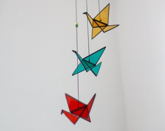 Origami cranes - Mobile, Decorative Hanging Birds, Colourful Suncatcher in Glass, Decoration for Windows