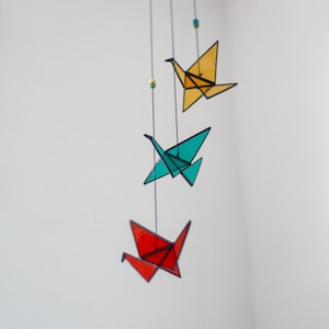 Origami cranes - Mobile, Decorative Hanging Birds, Colourful Suncatcher in Glass, Decoration for Windows