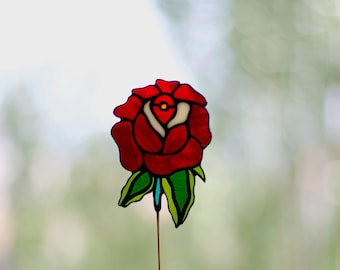 Stained Glass Red Rose, Suncatcher Rose, Stained Glass Flower, Rose Plant Stake, Decorative Accessory for Pots and Planters, Rose Suncatcher