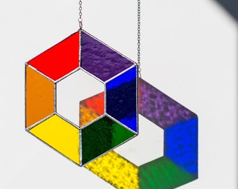 Rainbow Stained Glass Suncatcher, Geometric mobile, Colourful Hexagonal Suncatcher