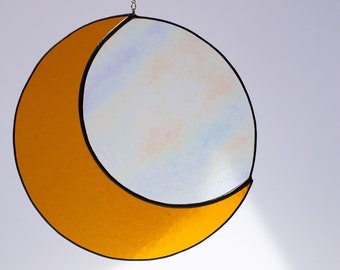 Stained Glass Moon Suncatcher, Iridescent and Amber Crescent Moon, Window or Wall Decoration, Witchy Gifts Boho Home Decor, Moon Phase