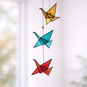 Origami cranes - Mobile, Decorative Hanging Birds, Colourful Suncatcher in Glass, Decoration for Windows