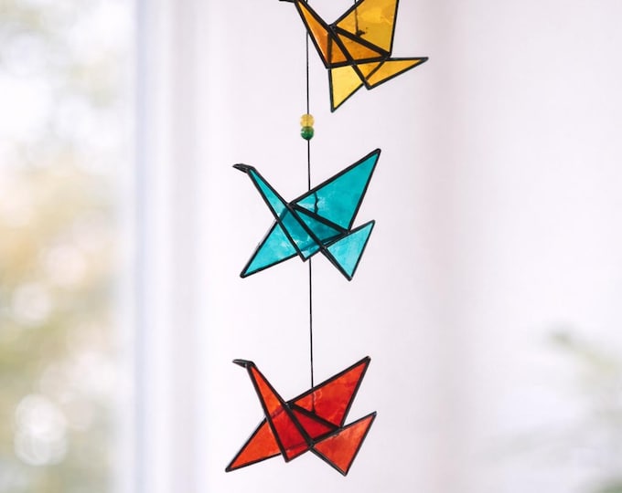 Origami cranes - Mobile, Decorative Hanging Birds, Colourful Suncatcher in Glass, Decoration for Windows