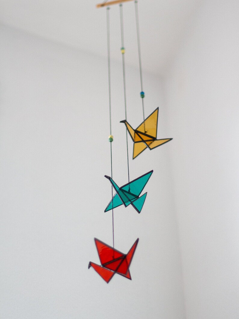 Origami cranes - Mobile, Decorative Hanging Birds, Colourful Suncatcher in Glass, Decoration for Windows