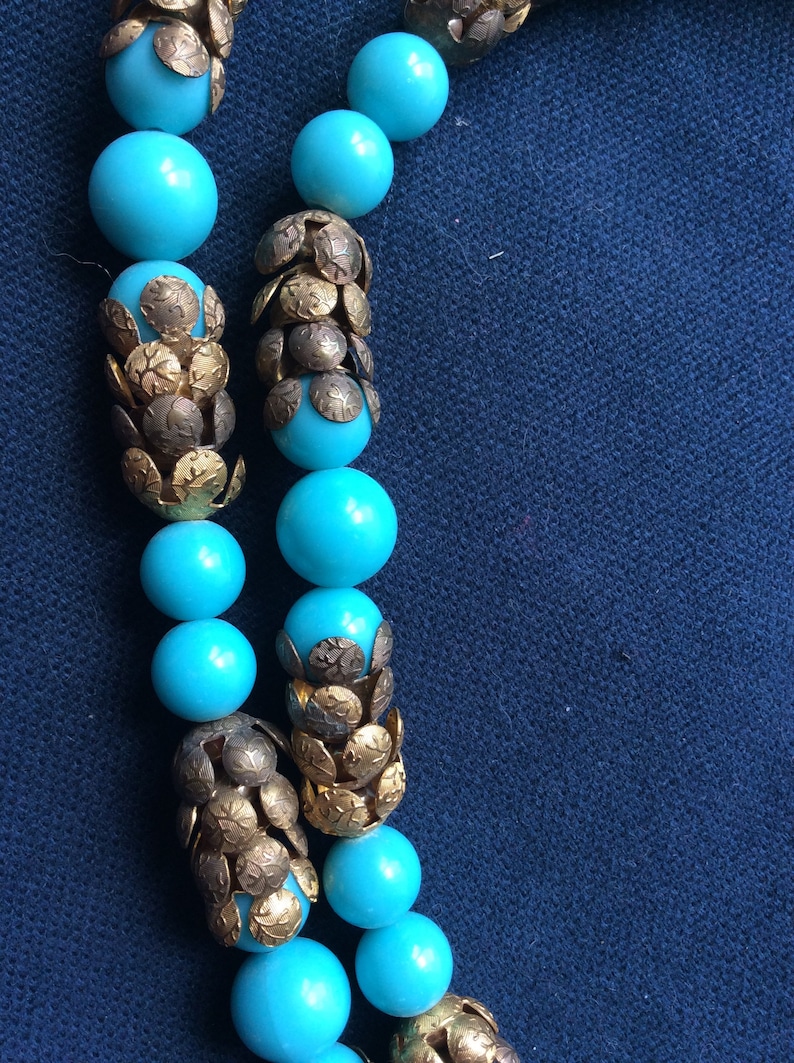 Vintage French Long Turquoise Bead and Gold Necklace