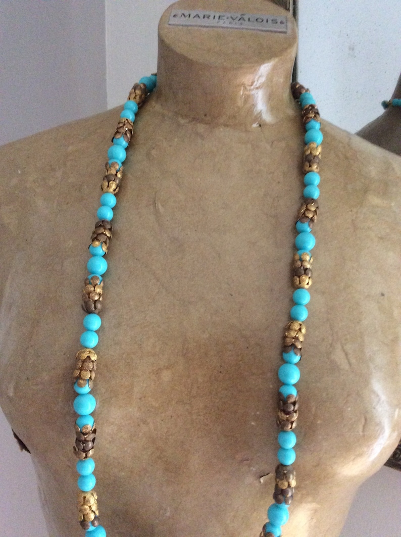 Vintage French Long Turquoise Bead and Gold Necklace