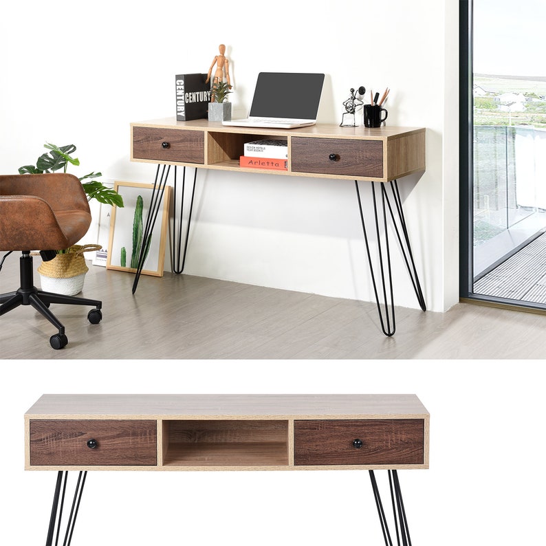 Industrial Modern Style Board Desk Pc And Laptop Computer With Two Drawers Metal Handle Hairpin Legs For Home Offifce Living Room