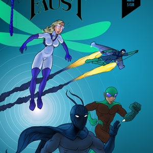 Puede incluir: Portada de cómic con cuatro superhéroes: una mujer con alas azules, un hombre con alas verdes, un hombre con alas marrones y un hombre con alas negras. La portada se titula "Die Libelle und Drachen Faust" y "Und der Unheimliche Kakerlak".