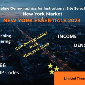 May include: An aerial view of New York City at dusk with text overlay. The text includes "NEW YORK ESSENTIALS 2023", "INCOME", "DENSITY", "OPPORTUNITY", and "1,566 Unique ZIP Codes". The image also has the text "Stop Searching Start Filtering".