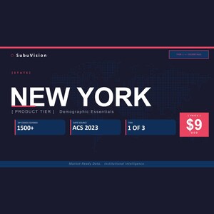 以下が含まれることがあります： SubuVisionと題されたダークブルーのデジタルインフォグラフィック。NEW YORK、Demographic Essentials、1500以上の郵便番号、ACS 2023データソース、3段階中のレベル1、9米ドルの価格が記載されています。レイアウトには赤のアクセントと世界地図の背景が含まれています。