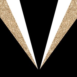 Könnte beinhalten: Abstraktes geometrisches Design mit zwei weißen Dreiecken auf schwarzem Hintergrund. Die Dreiecke haben goldenen Glitzer an den Rändern.