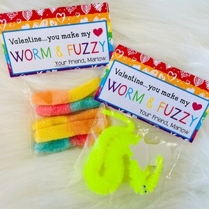 May include: Two Valentine's Day treat bags with colorful rainbow designs. One bag contains gummy worms and the other contains a fuzzy worm toy. Both bags have a tag that reads "Valentine...you make my WORM & FUZZY Your Friend, Marlow"