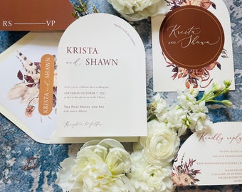 BOHO Floral y Pampas Arch Layered Wedding Invitation Set // Boho Terra cotta // Printed Set // Semi-Custom Wedding Invitation