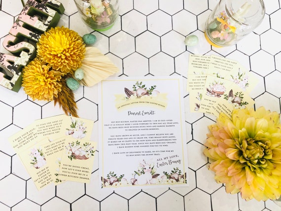Yellow Vintage BOHO Easter Bunny Letter with Easter Scavenger Hunt kit, digital file Il_570xn