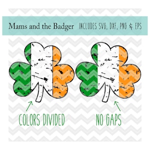 Puede incluir: Dos versiones de un diseño de trébol con un aspecto desgastado. El trébol de la izquierda tiene los colores divididos, mientras que el trébol de la derecha no tiene espacios entre los colores. El texto "Mams and the Badger" y "INCLUDES SVG, DXF, PNG & EPS" está en la parte superior de la imagen.