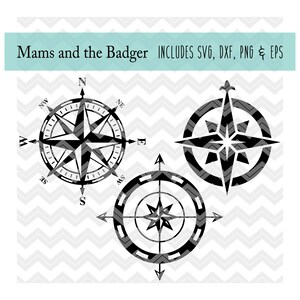 May include: Three black and white compass designs with a star in the center. The compass designs include the cardinal directions: North, South, East, and West. The text "Mams and the Badger INCLUDES SVG, DXF, PNG & EPS" is at the top of the image.