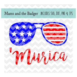 May include: Red, white, and blue sunglasses with stars and stripes, with the word 'Murica' written in red cursive below.