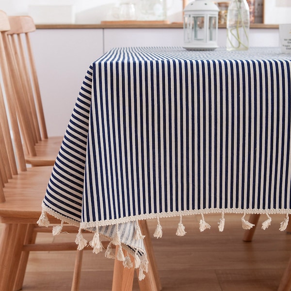 Striped Tassel Tablecloth Blue Fabric Rectangular Table Cloth