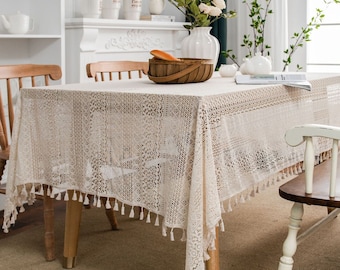 HOOYE Bohemian Style Rectangle Tablecloth Linen Lace Table Cloth for Dinner Parties Table Cover 55X79, Bohemian Style 