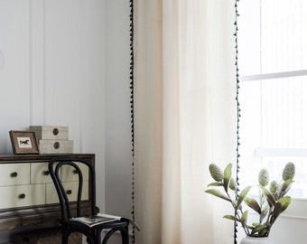 Vintage Curtain, Bedroom Curtain, Translucent Curtains,Solid Nature White Linen Cotton Semi Blind Curtain,Black Tassels,Custom Sizes Curtain