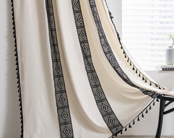 Black Crochet Splicing Curtain, Boho Curtain, Vintage Curtain, Cotton Linen Curtain, Custom Sizes Curtain,Room Bedroom Curtain, Custom Sizes