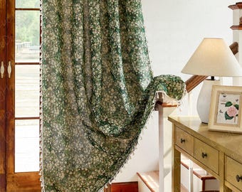 Green Floral Boho Curtain, Countryside Style Drapery, Room Bedroom
