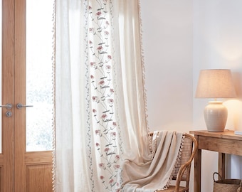 Boho geborduurd bloemengordijn, landelijke botanische raamdecoratie voor woonkamer en slaapkamer
