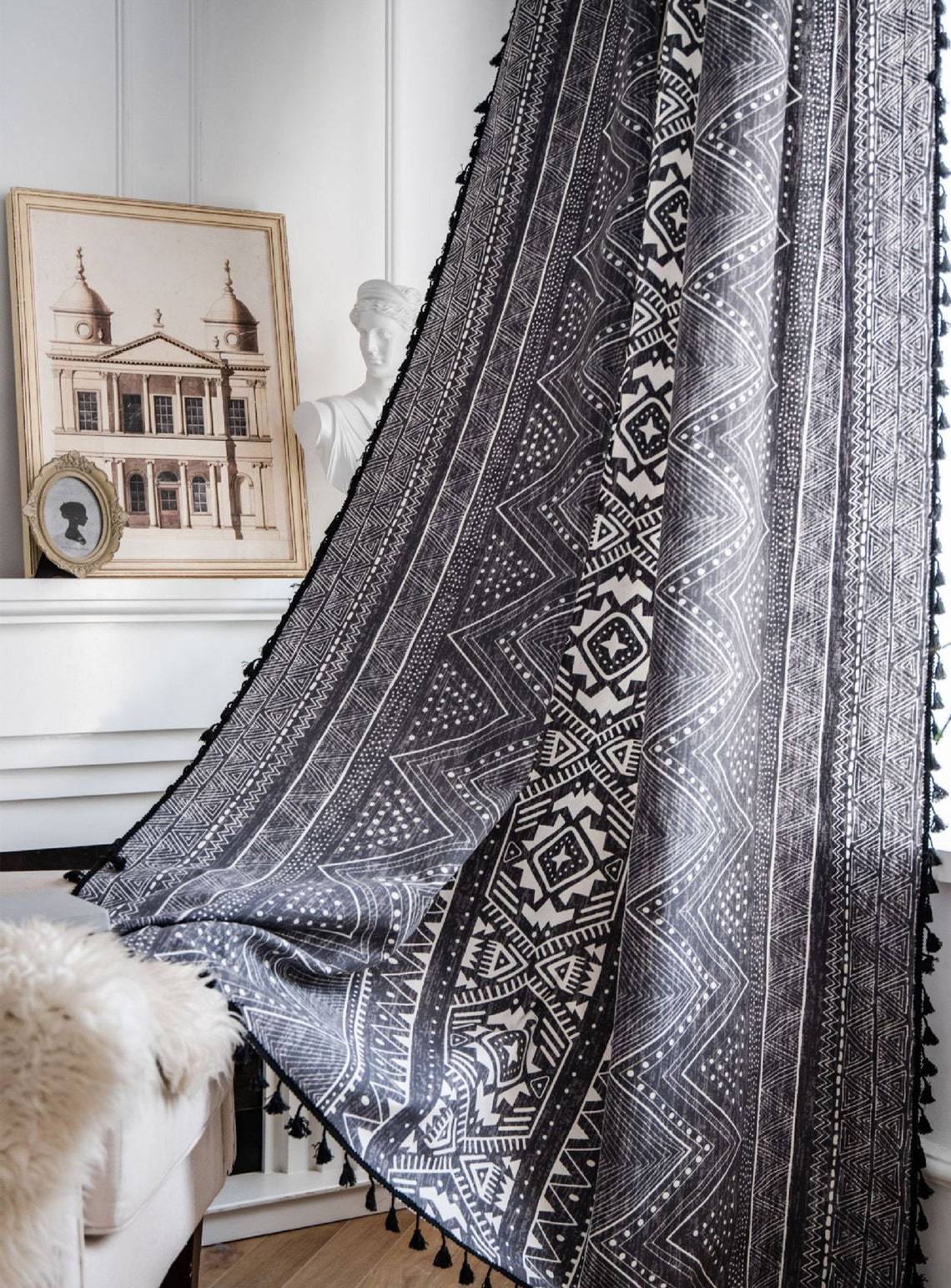 Living Room Curtain Bedroom Curtain Black Boho Curtains Etsy