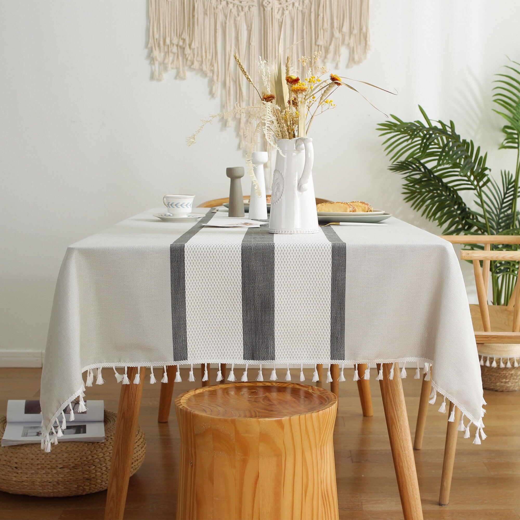 新品ColorBird Farmhouse Tablecloth Stitching Tassel Heavy Weight Cotton Linen  Table Cloth Fabric Wrinkle Free Washable Table Cover for Kit 