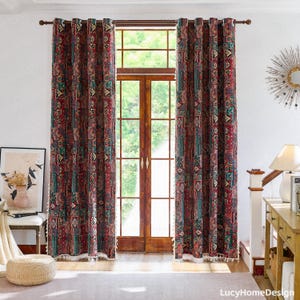 Boho Curtain, Bohemian Red Geometric Curtains, Countryside Style Drapery, Cotton Linen Curtains, Linen Curtain Panel, Custom Size, Bedroom