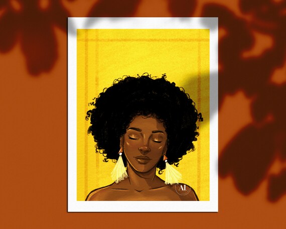 Yellow Print Black Girl Art Natural Hair Art Black Etsy