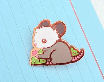 Opossum & Flower Enamel Pin | Animal Hard Enamel Pin | Pin Collection | Kawaii Aesthetic Birthday Gift | Christmas Present | Miamouz