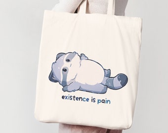 Existence Is Pain | Cute Racoon Tote Bag 100% Cotton | Shopping Bag | Jute Bag | Art Purse | Trash Panda Lovers | Miamouz