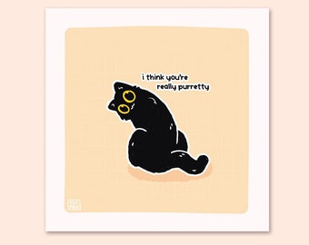 I Think You're Really Purretty 15x15 Art Print | Black Cat Pastel Square Art Print | Greeting Card | Linen Cardboard | Home Decor | Wall Art