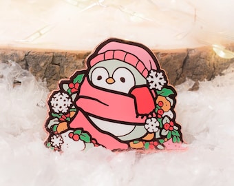 Winter Penguin | Snowy Christmas | Collectors Hard Enamel Pin Badge | Kawaii Aesthetic Birthday Gift for Her | Christmas Present for Him