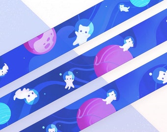 Blue Cats In Space Washi Tape | 10m x 15mm Roll | Artist Masking Tape | Decorative Planner Tape | Kawaii Calendar Journal Stationery
