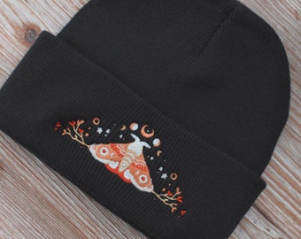 Black Embroidered Moth Beanie – Gothic Spooky Hat, Death’s Head Hawkmoth Bug Bea MOTH BEANIE - Embroidered Black Beanie, Spooky Halloween Hat  main image 2