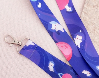 Cats in Space Lanyard | 90cm x 25mm | Purple Astronaut Aesthetic | Cute Artist Lanyard | Convention Artist Alley | Kawaii Accessoires