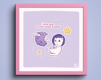 I Love You To The Stars 15x15 Art Print | Space Cat Pastel Square Art Print | Greeting Card | Linen Cardboard | Home Decor | Wall Art